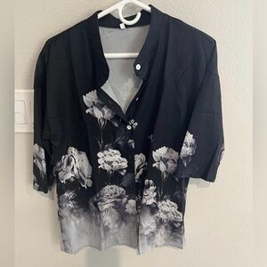 Black and Gray Floral Blouse with 3/4 Sleeves